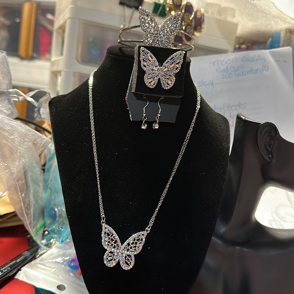 Paparazzi #808 butterfly necklace with matching earrings and bracelets with ring